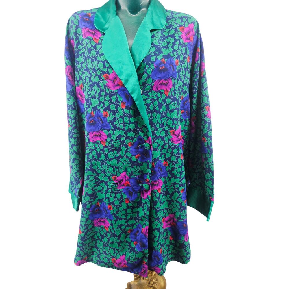 Vintage 80's Victoria's Secret Gold Label Floral Stain Jacket Sleep Shirt L 4149